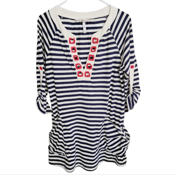 Nanette Lepore Swim Blue Cream Red Nautical Grommet Striped Swim Coverup - Picture 5 of 14